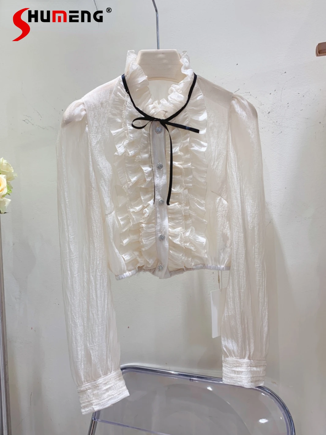

Spring Autumn French Socialite Bow Bandage Mesh Tops Stand Collar Bubble Long Sleeve Short Single-Breasted Shirt for Women