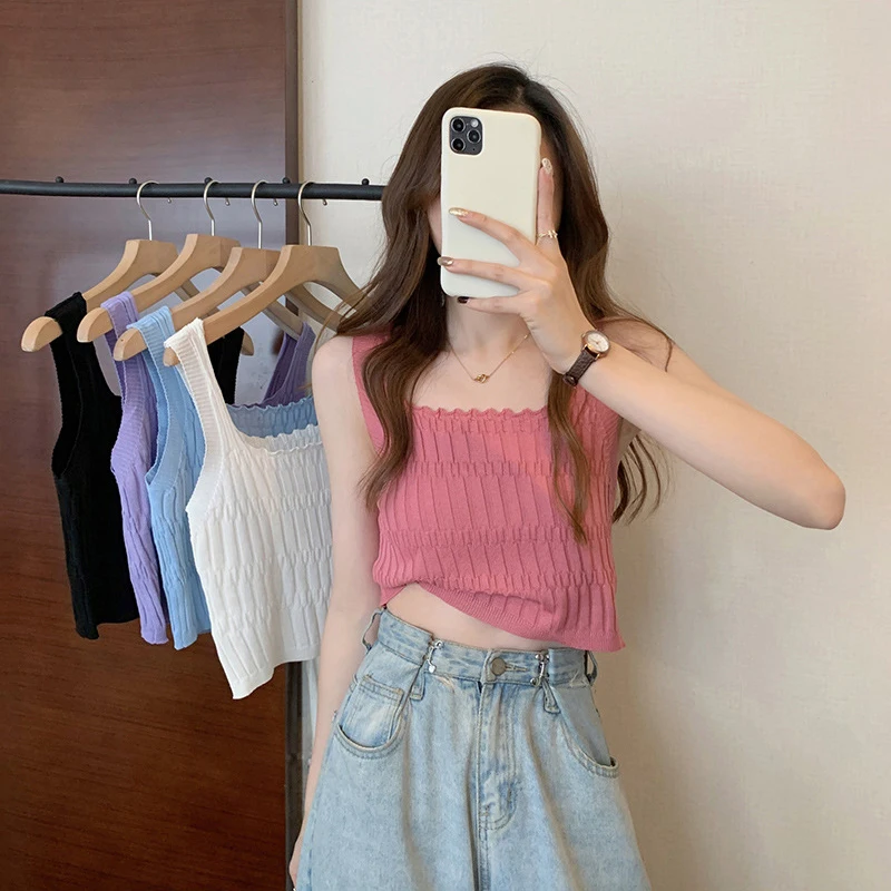 

New Korean Summer Sexy Knitted Camisole Women Solid Color Sleeveless Casual Slim Crop Top Sexy Lingerie