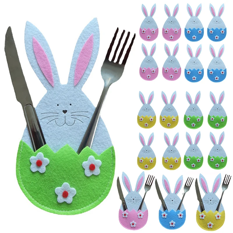 

4PCs Table Tableware Accessories Cutlery Cover Bag Easter Bunny Felt Cutlery Holder Bag Party Happy Easter Decoration