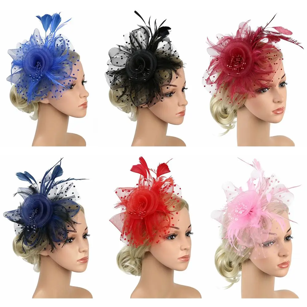 

Вуалетка, шляпа для женщин, повязка на голову для чайной вечеринки, свадебная, Коктейльная, сетчатая, с цветами и перьями, заколка для волос
