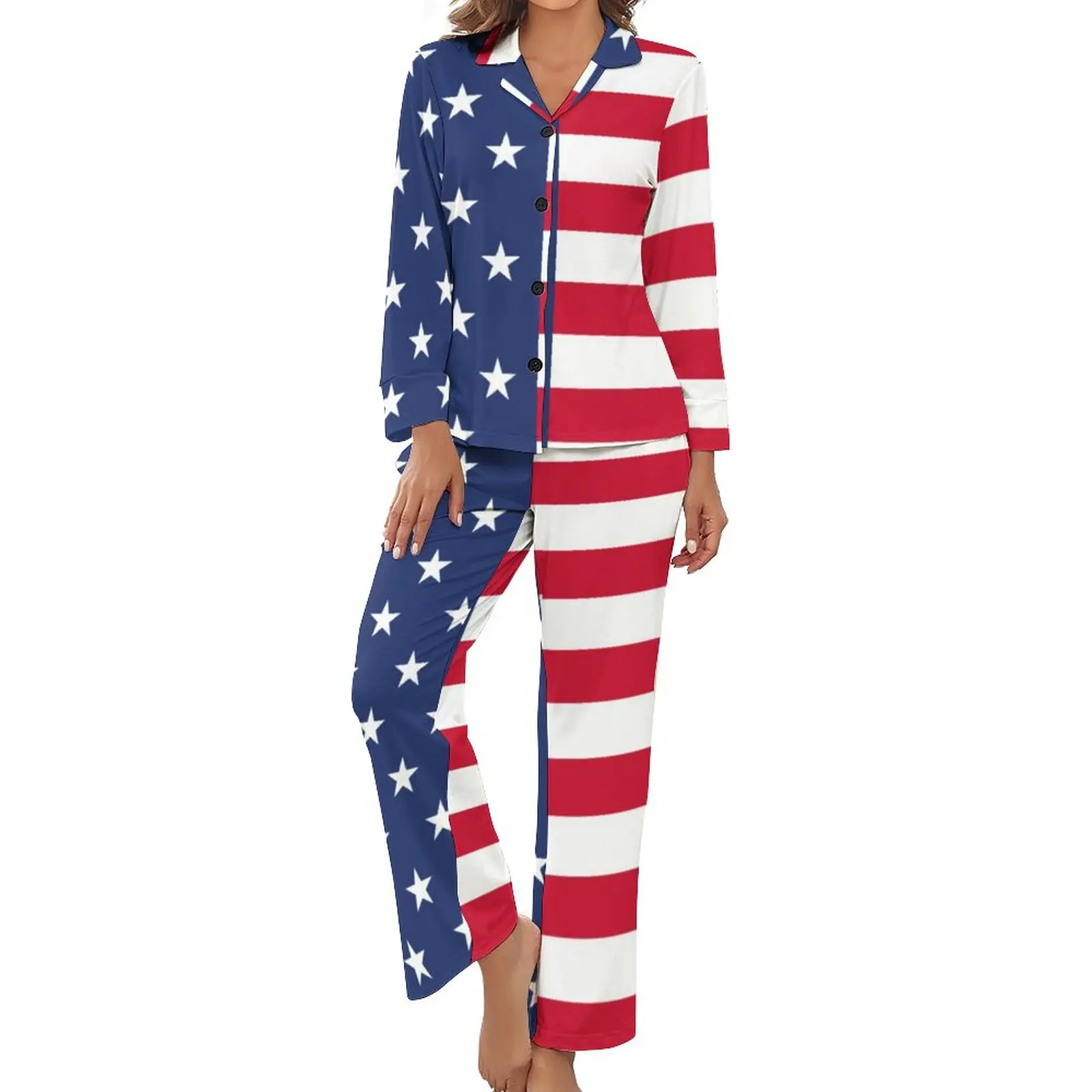 

USA Flag Half And Half Pajamas Stars and Stripes Night V Neck Nightwear Women 2 Pieces Print Long-Sleeve Cute Pajama Sets