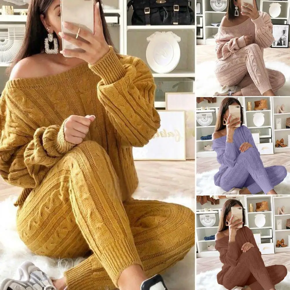 

2Pcs/Set Stylish Women Elegant Solid Knitting Pullovers Skinny Pants Top Pants Set Bottoming Anti-freeze