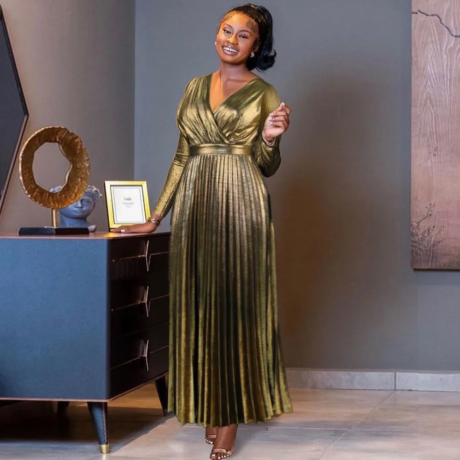 

African Evening Dresses Spring 2023 New Elegant Long Pleated Flowy Luxury Metallic Shimmer Backless Fit Flare Prom Party Robe