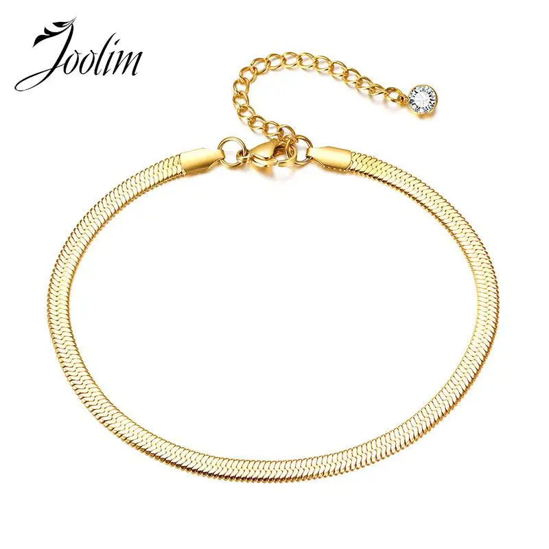 

Joolim Jewelry High End PVD Wholesale Waterproof&No Fade Stylish Flat Snake Bone Chain Stainless Steel Anklet for Women