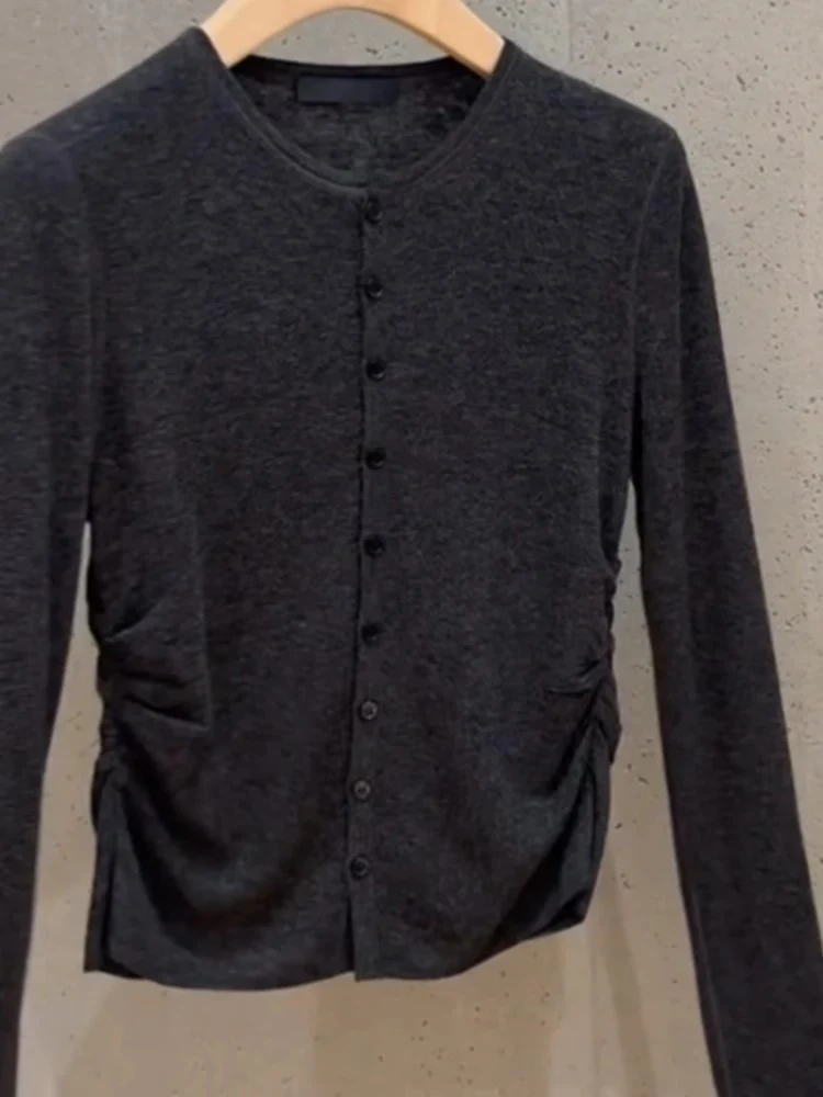 Korean Series Design Sense Chic Dark Gray Top Women Autumn and Winter High Long sleeve Base Knit cardigan Inner wear