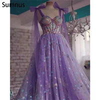 sumnus purple charming tulle prom dresses 2022 long a line bow straps glitter sweetheart robes de soir%c3%a9e party gowns custom made
