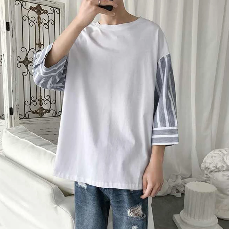 

Striped Three Quarter Long Sleeve Summer Harajuku Men T Shirt Casual Korean Fashion Oversize Top 2022 New Arrival Vintage Office