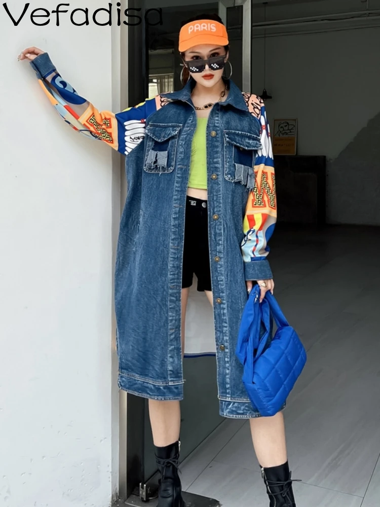 

Женское джинсовое пальто с длинным рукавом, свободное однобортное пальто средней длины с мультяшным принтом, синее весенне-осеннее пальто LHX1854, 2023