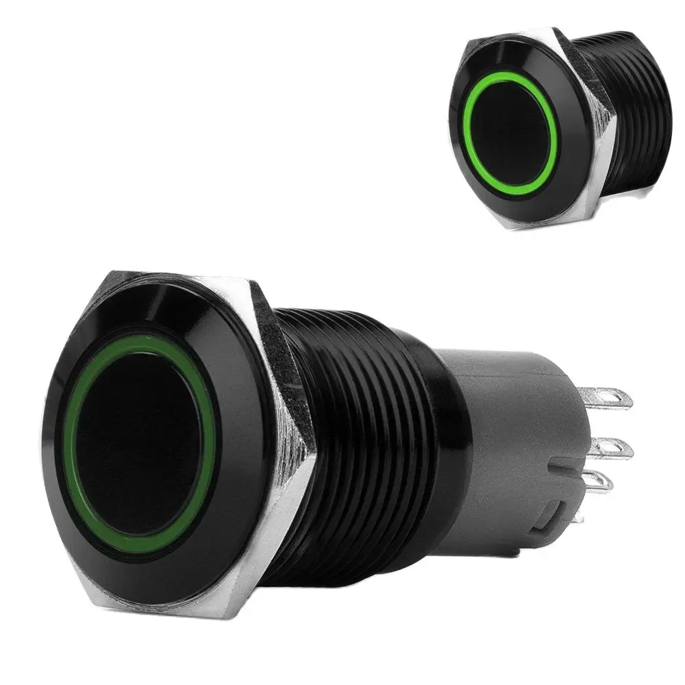 

16mm 5/8" 12V Green Ring Led Metal Self-locking Latching Push Button Switch Industrial Boat Car DIY Switch Black