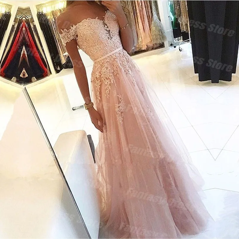 

Elegant Pink Off Shoulder A-Line Prom Dresses Decal Beaded Tulle High Waist Evening Dresses For Women فساتين مناسبة رسمية