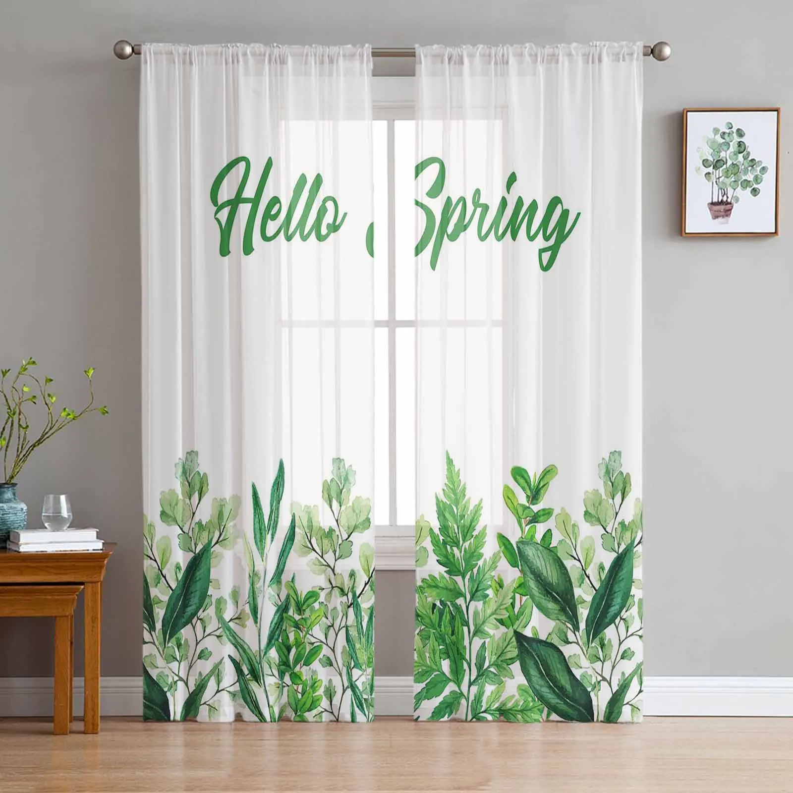 

Весенние прозрачные шифоновые занавески с акварельными зелеными листьями для гостиной, спальни, украшение для дома, оконные занавески из т...