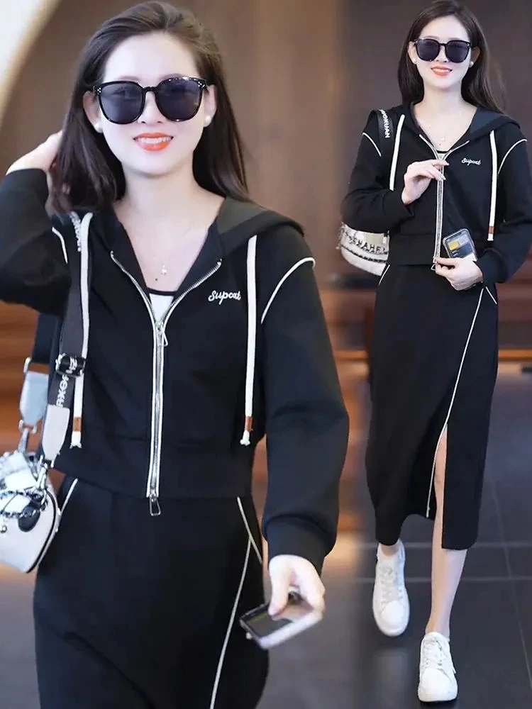 Женский костюм для отдыха короткий свитер на молнии с капюшоном и приталенное