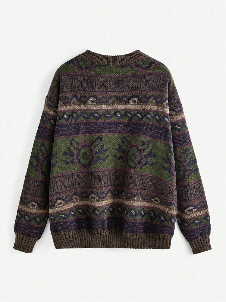 Женский вязаный свитер в стиле ретро с круглым вырезом и геометрическим узором