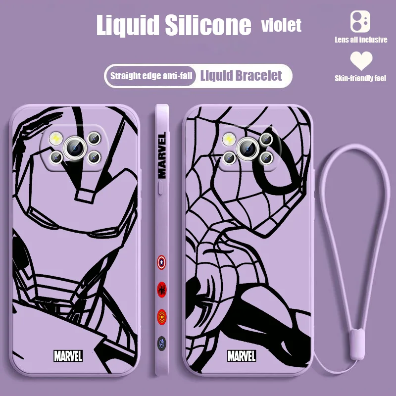 

Marvel Spiderman Iron Man For POCO C55 C50 C40 M5S M4 M3 F4 F3 X5 X4 X3 X2 NFC GT Pro Liquid Left Rope Lanyard Phone Case