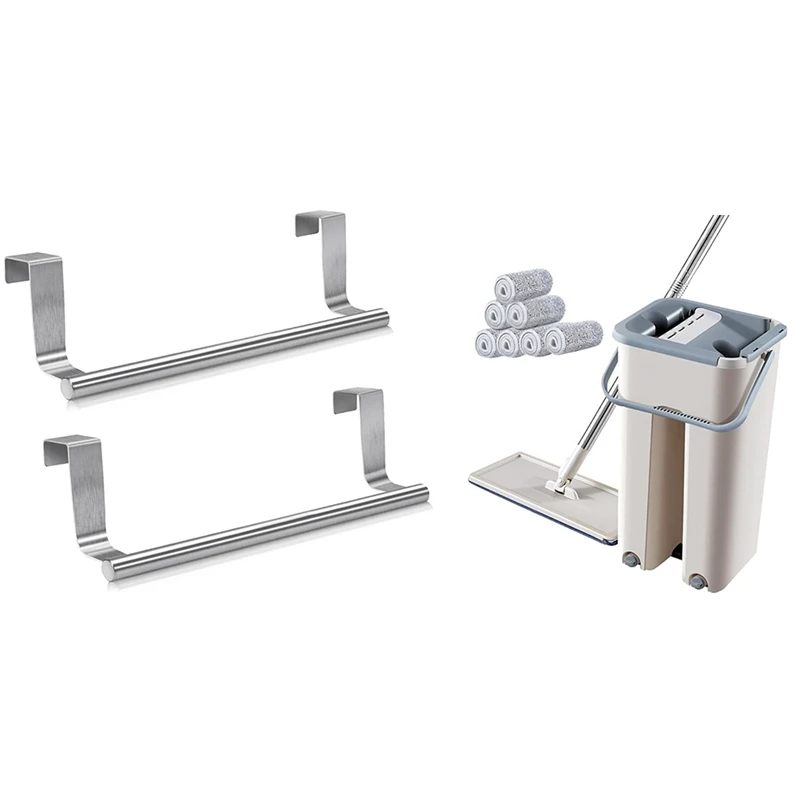 

2Pcs Stainless Steel Over Door Towel Rack Bar Holders & 1Pcs Flat Floor Mop Scraping Ultra-Fine Fiber Mop