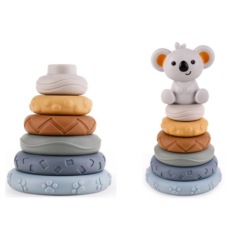 

Y3NF 6 Layer Silicone Teething Toy Plugging Block Developmental Shape Color Matching Rings Toddlers Montessori Squeeze Toys