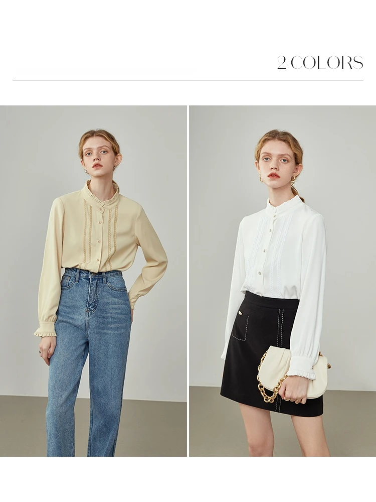 Женская шифоновая блузка с кружевом и воротником-стойкой