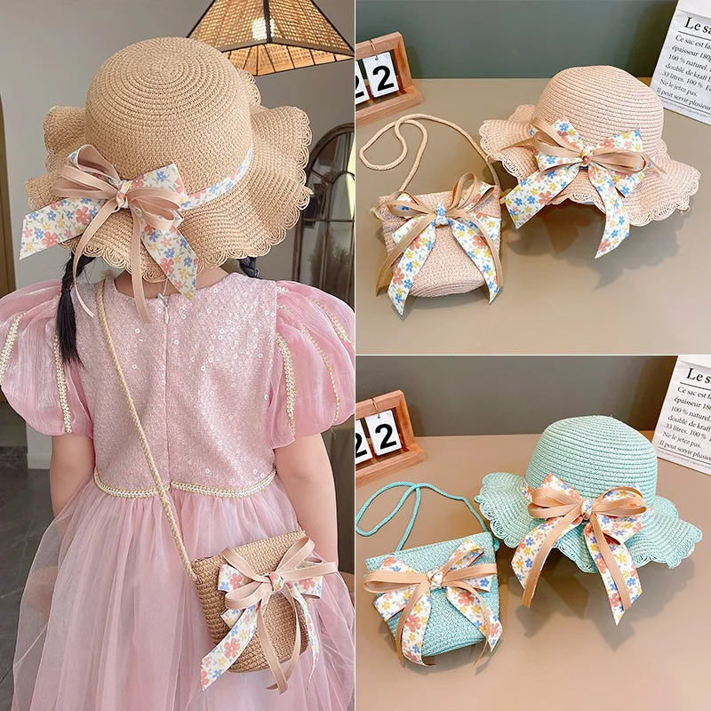 

Foldable Wide Brim Floppy Sunscreen Bucket Cap Girls Straw Hats Sun Hat Beach Summer Hat UV Protect Travel Children Cap Bag Set
