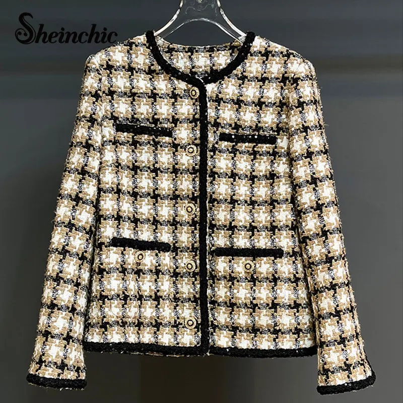 

Женская винтажная клетчатая куртка, Элегантное однобортное шерстяное пальто с круглым вырезом в Корейском стиле, роскошные Брендовые куртки, зима 2022