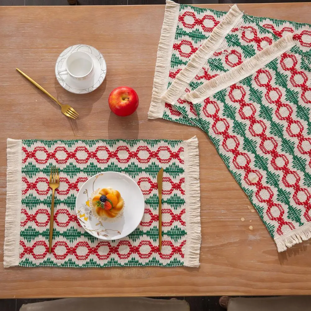 

Tear-resistant Placemat Boho Style Christmas Placemats Woven Geometric Pattern With Tassels Heat Insulation Kitchen Supplies