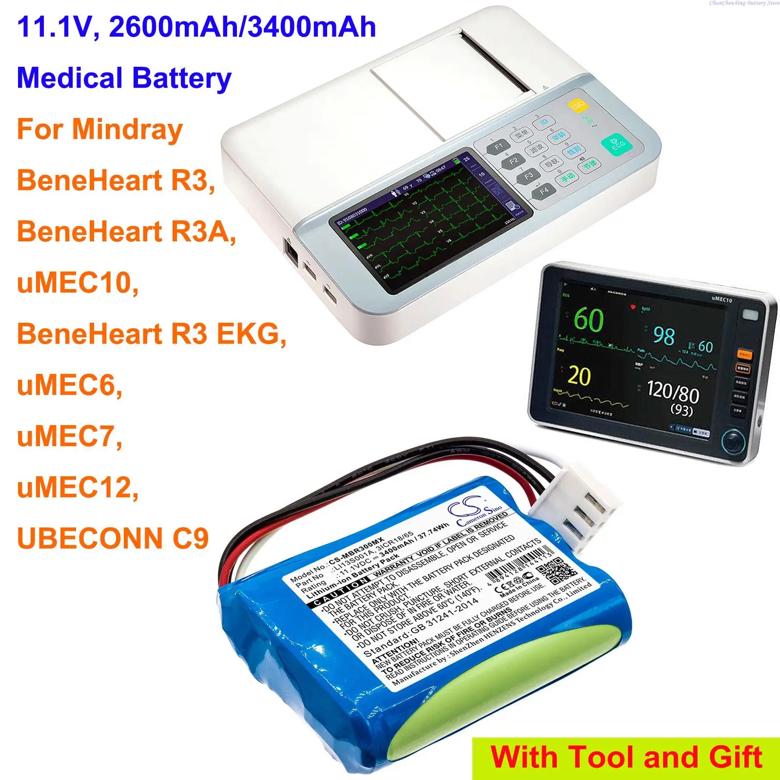 

CameronSino 2600mAh/3400mAh батарея LI13S001A для Mindray BeneHeart R3, R3A, uMEC10, R3 EKG, uMEC6, uMEC7, uMEC12, UBECONN C9