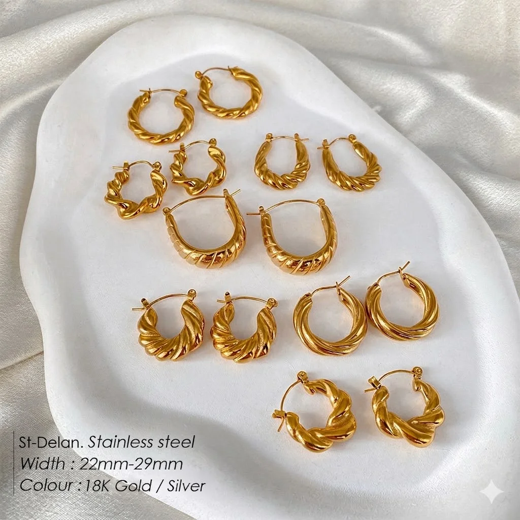 Фото Серьги-кольца St-Delan 7 Styles of Twisted Croissant — позолоченные 18-каратным золотом серьги-кольца и пусеты из нержавеющей стали для женщин №2