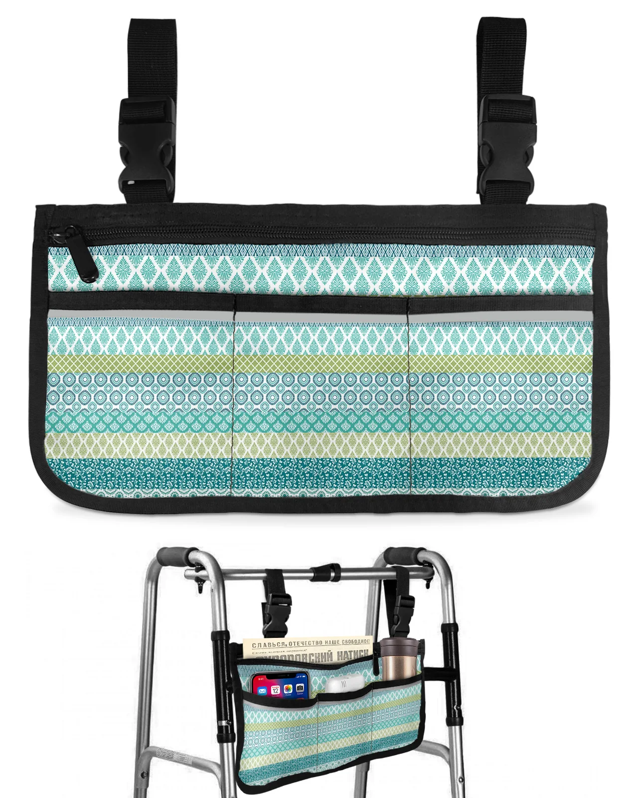 

Bohemian Geometric Stripes Wheelchair Bag With Pockets Armrest Side Bags Electric Scooter Walking Frame Storage Pouch