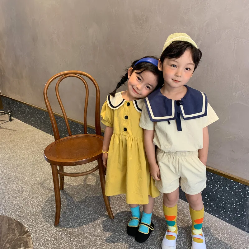 

Summer Korean Style Brother and Sister Clothes Cotton Linen Sailor Collar Fashion Clothing Sets Girls Dress