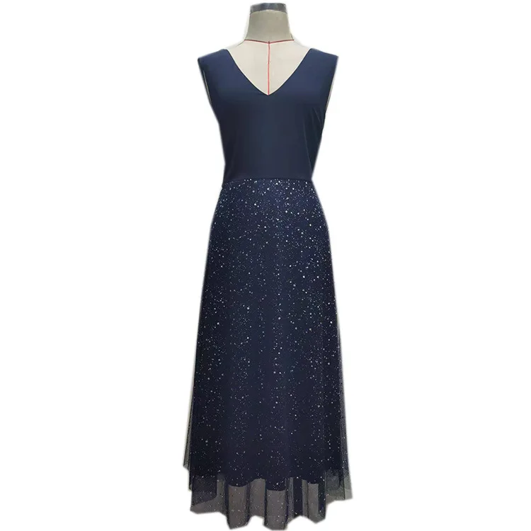 Plus Size Dresses Solid V-Neck Sequined Sleeveless Mid-Calf Gauze Party Dresses Dresses for Women 2022 Office Lady Slim Fit