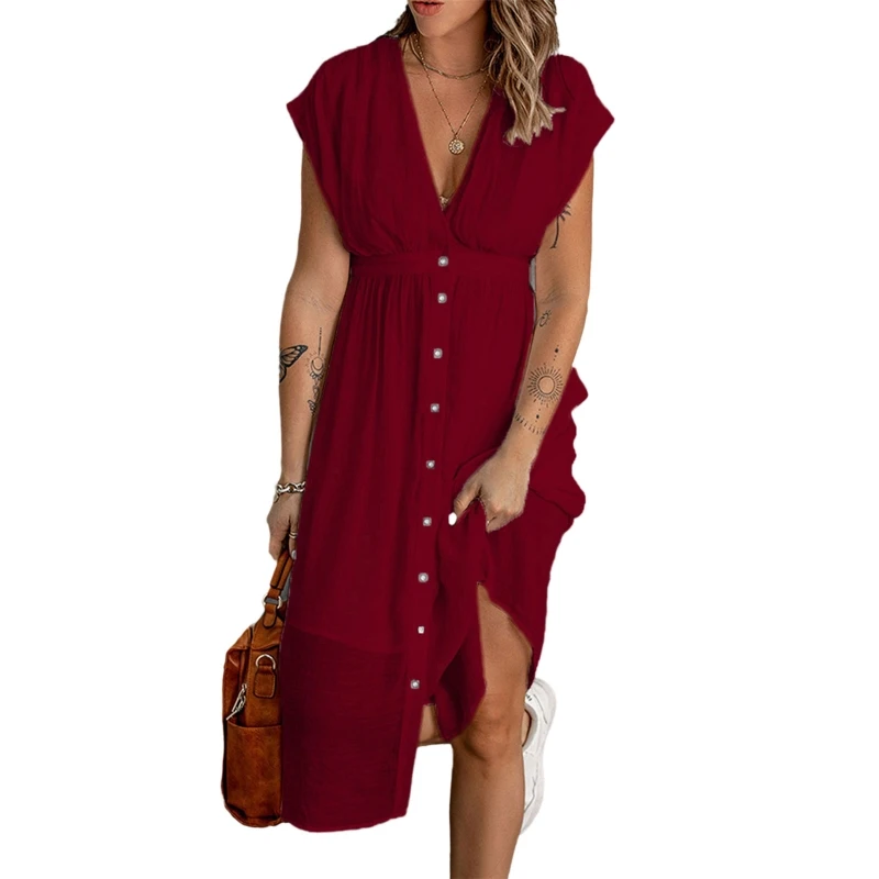 

Women Short Sleeve Sexy Deep V-Neck Double Layer A-Line Midi Long Flowy Dress