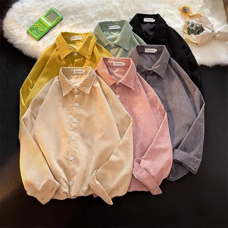 

Вельветовая рубашка с длинным рукавом мужская Корейская версия свободная модная повседневная Молодежная красивая одежда в гонконгском стиле на весну и осень