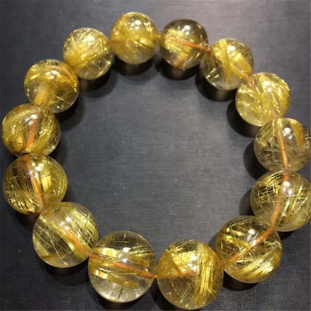 

15mm Natural Gold Rutilated Quartz Bracelet Jewelry For Women Lady Men Wealth Love Gift Crystal Beads Stone Strands AAAAA
