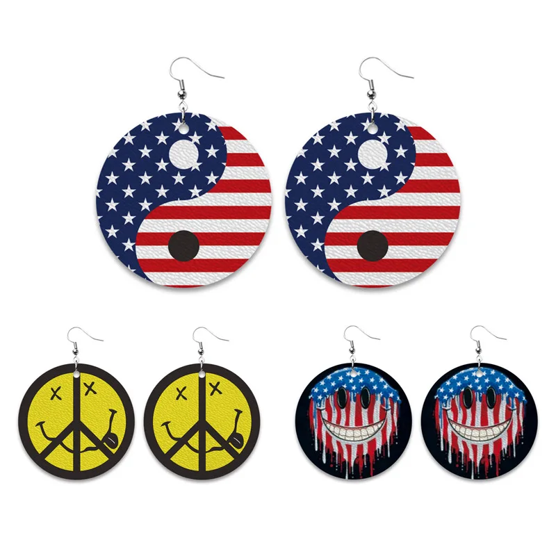 

Leather Smiley Independence Day Earrings Gossip American Flag Watermark US Independence Free Creative Round Western Earrings