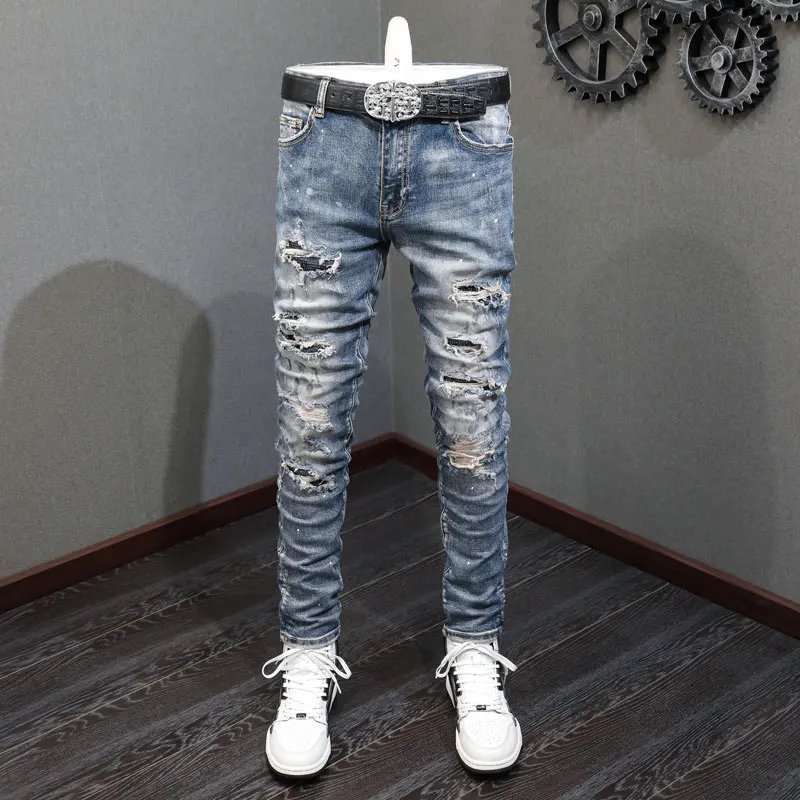 Уличные модные мужские джинсы в стиле ретро потертые синие Стрейчевые рваные с