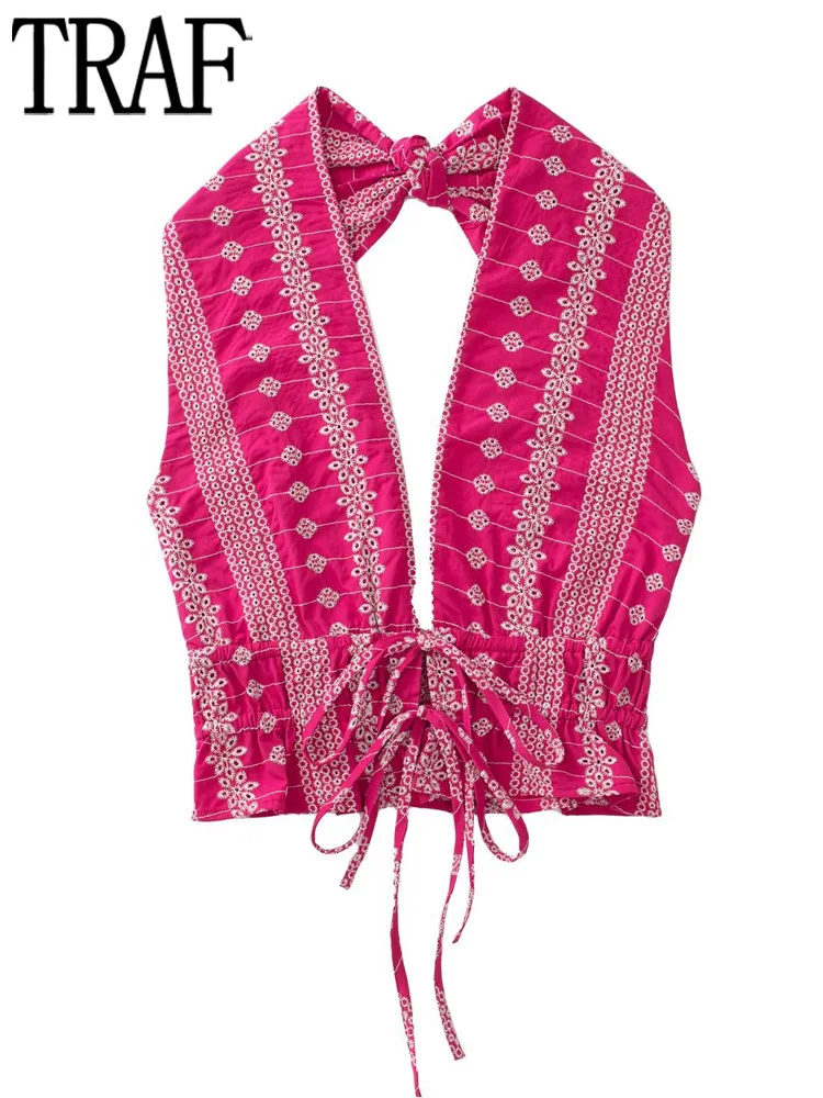 

TRAF Embroidery Crop Top Women Ruffle Halter Top Female Summer Off Shoulder Tops Women 2022 Sleeveless Backless Beach Tank Top