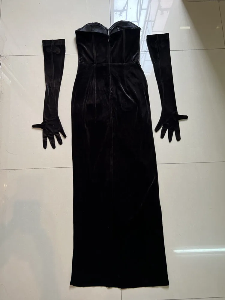 

Women Sexy Strapless Backless Diamond Crystal Black Velvet Maksi Long Gloves Tight Front Slit Dress Elegant Party Club Dress
