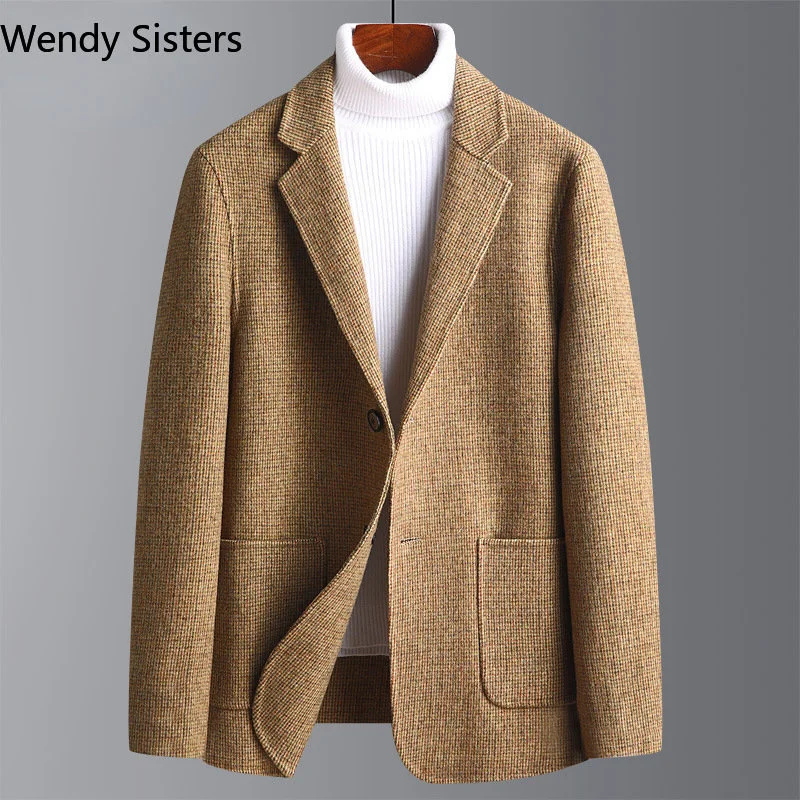 

Top Quality Autumn Brand Winter Double-sided Wool Blazers for Men Business Casual Houndstooth Suit Jacket Korea Man Clothing