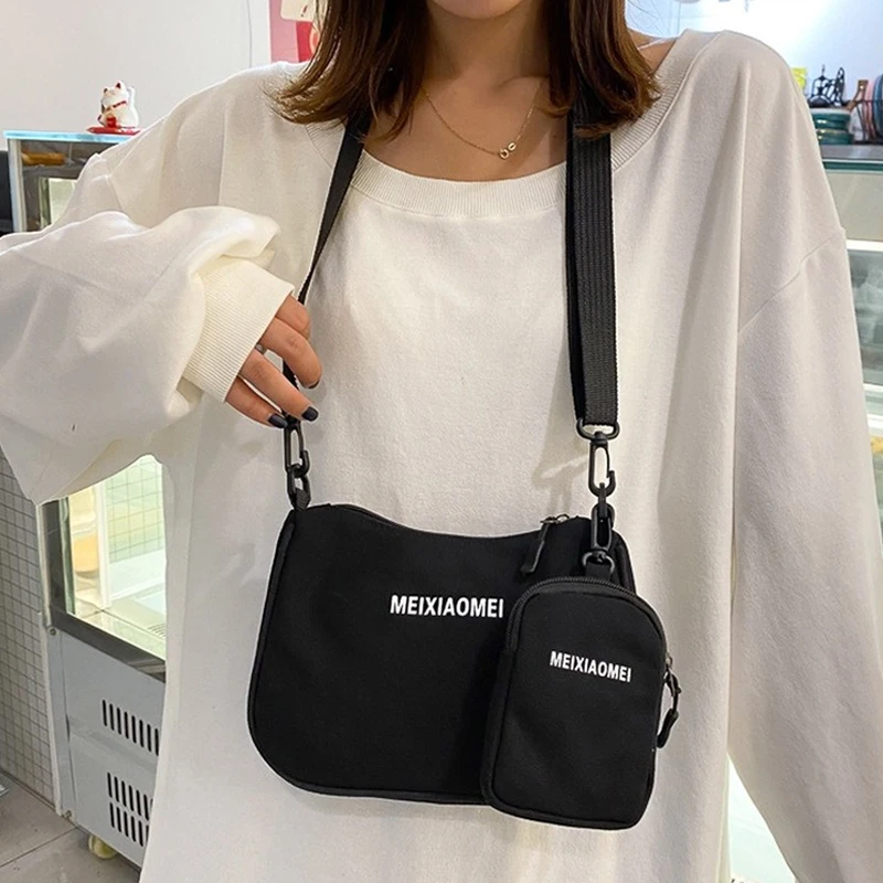 

Female Canvas Solid Color Letter Shoulder Bags with Mini Purse Pendant Women Bags Casual Small Crossbody Bags 2pcs Composite