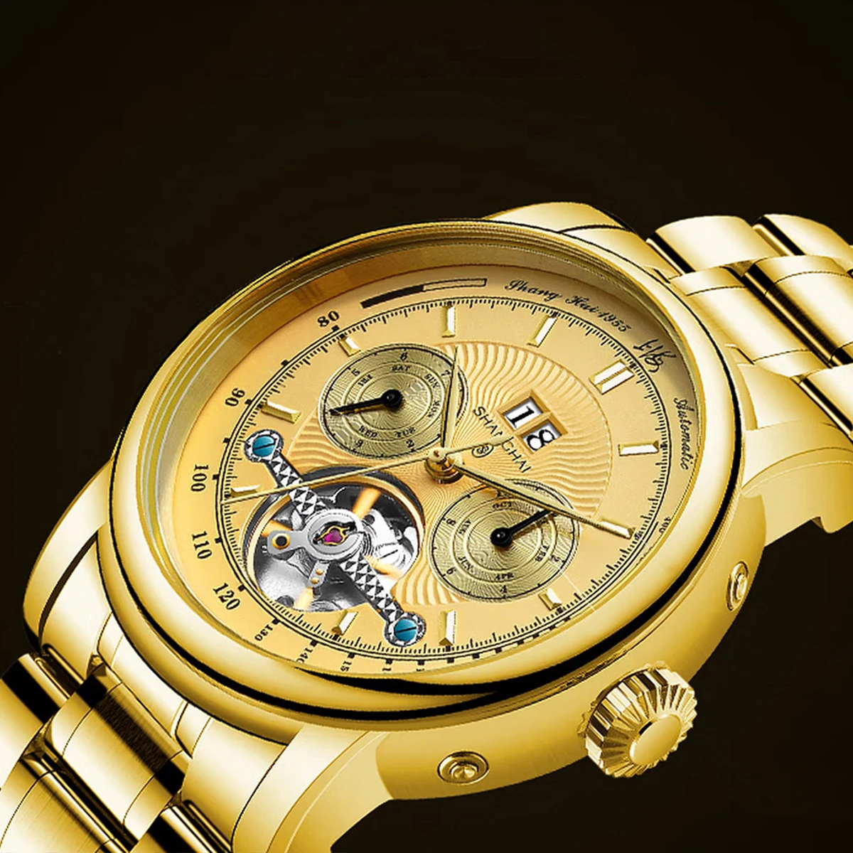 Фото Многофункциональные мужские часы Shanghai Watch с двойным календарем, автоматические механические часы с маховиком, из нержавеющей стали 316L, модель SH008 №3