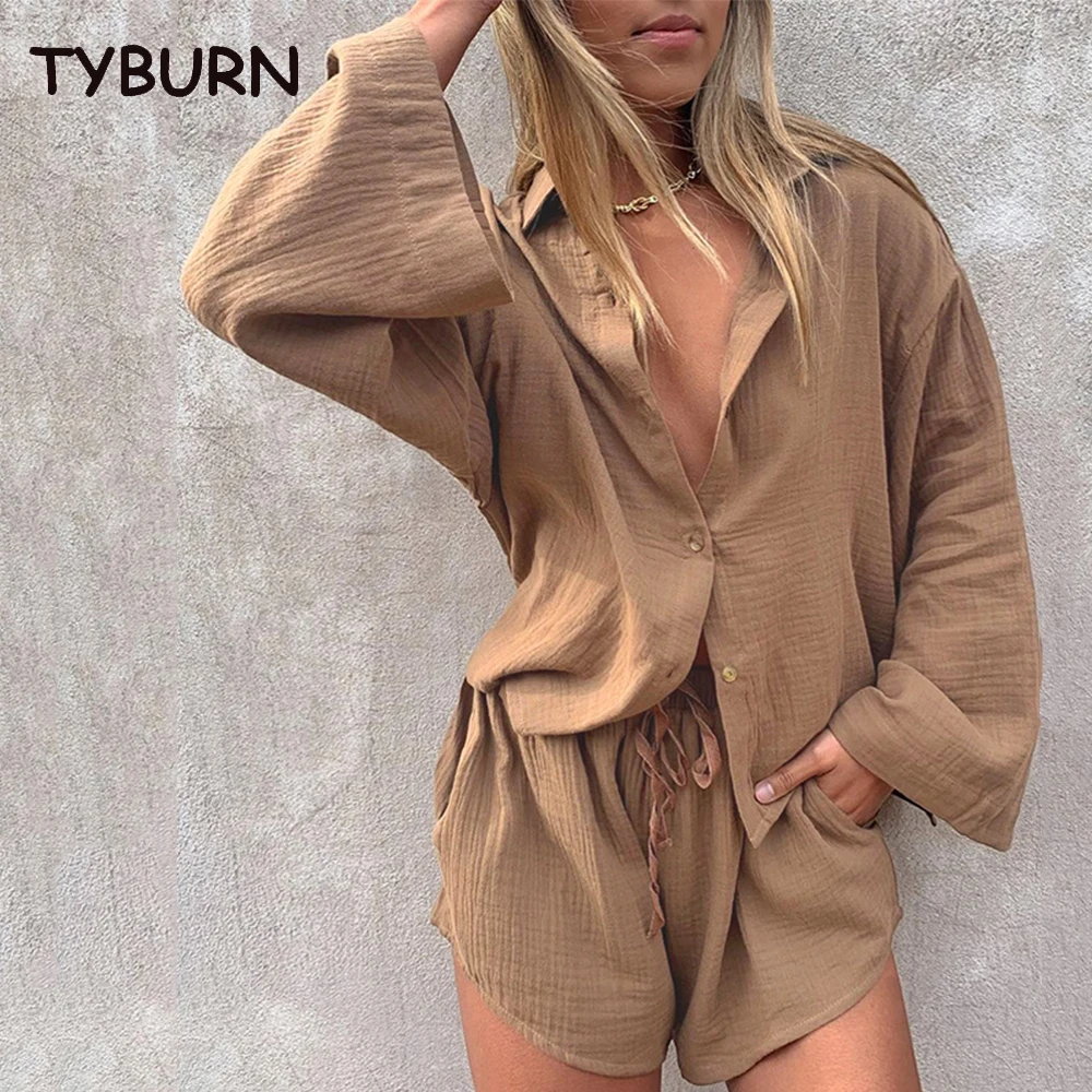

TYBURN Women Casual Tracksuit Shorts Set Summer Long Sleeve Shirt Tops And Mini Drawstring Shorts Suit Lounge Wear Two Piece Set