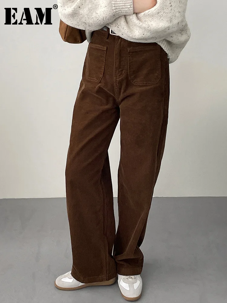

[EAM] High Waist Coffee Pocket Wide Leg Corduroy Pants New Loose Fit Trousers Women Fashion Tide Spring Autumn 2023 1DH2646