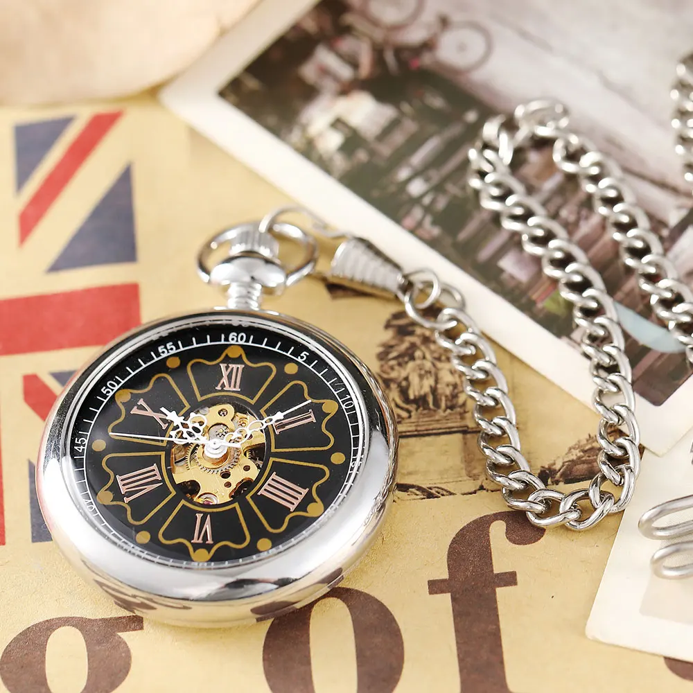 Hexagon Flower Vintage Steampunk Mechanical Pocket Watch Hand Wind Sliver Golden Male Lady Hollow Fob Chain Clock For Women Mens