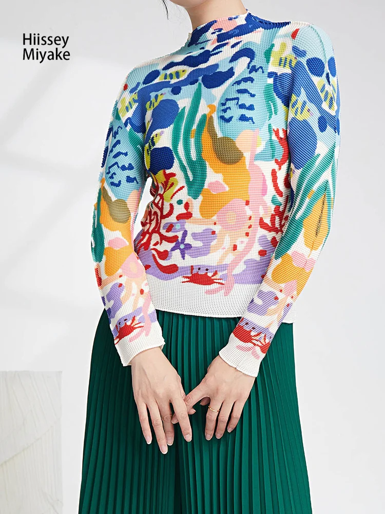 

HiIssey Miyake модный дизайн 2023 весенний женский стиль Тонкий значительно тонкий плиссированный Тип принта половина высокой горловины пуловер Фу...