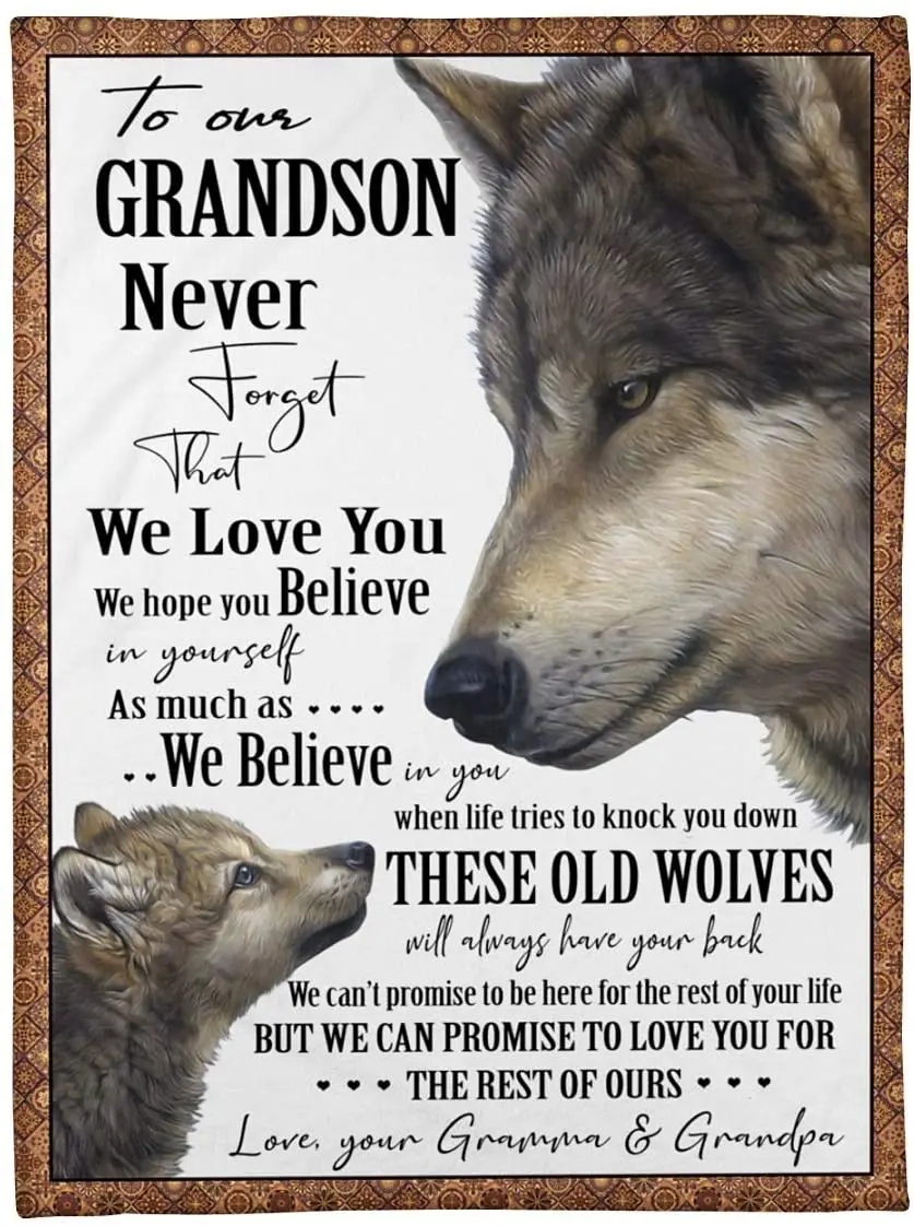 

Personalised Custom Name Grandparent to Grandson Blanket to My Grandson from Grandpa and Grandma Wolf Family Fleece Blanket
