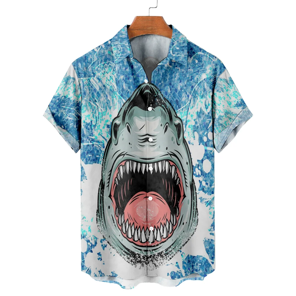 

Рубашка мужская с забавным принтом акулы, Повседневная Уличная одежда, модная с лацканами, на пуговицах, блузка с животным принтом