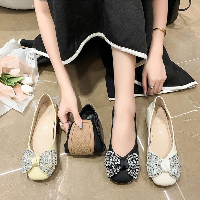 

Korean Shoes Bow-Knot Soft Women's Heels Female Footwear Casual Sneaker All-Match Square Toe 2022 Boat Butterfly On Heels Comfor