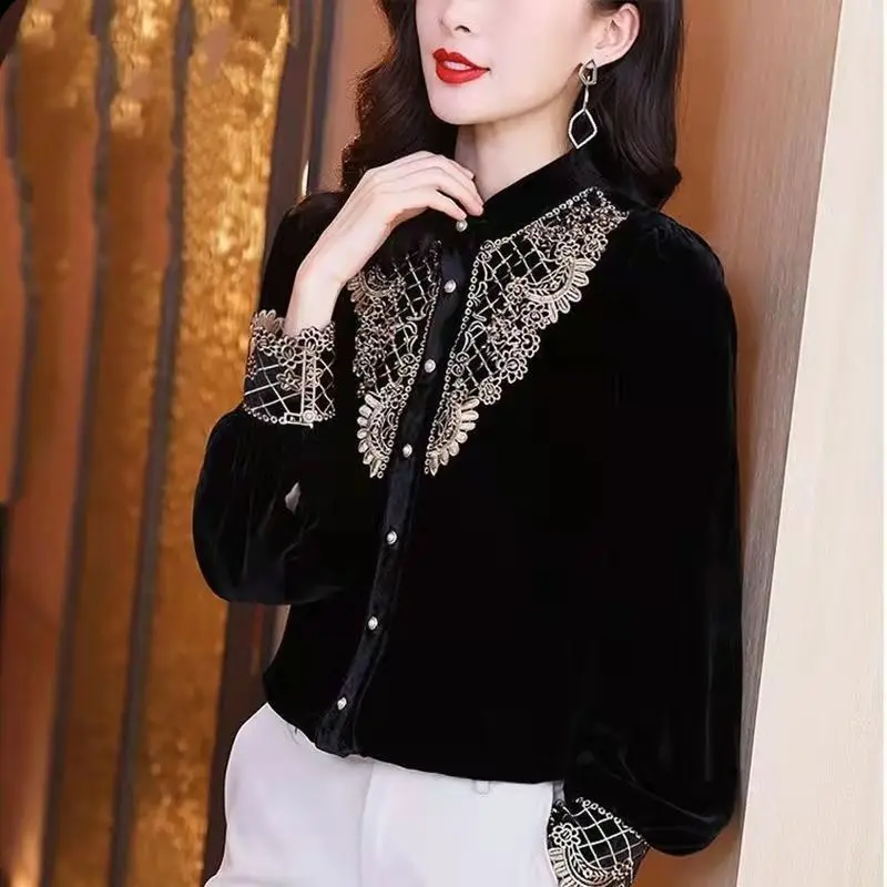 

Gold velvet jacket female 2022 autumn and winter embroiderynoble foreign air big-sleeved retro style o neck casual blouse shirt