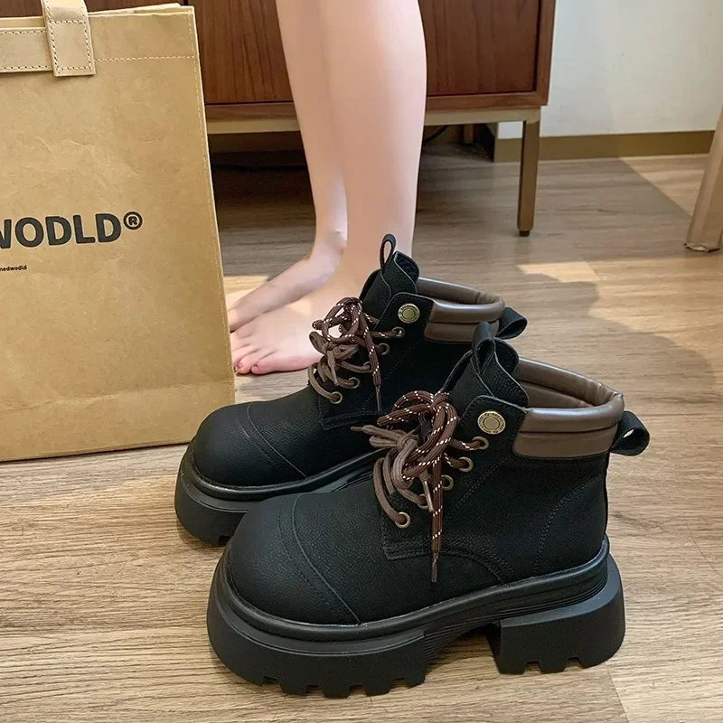 Женские ботинки на платформе из коровьей кожи в британском стиле дизайнерская