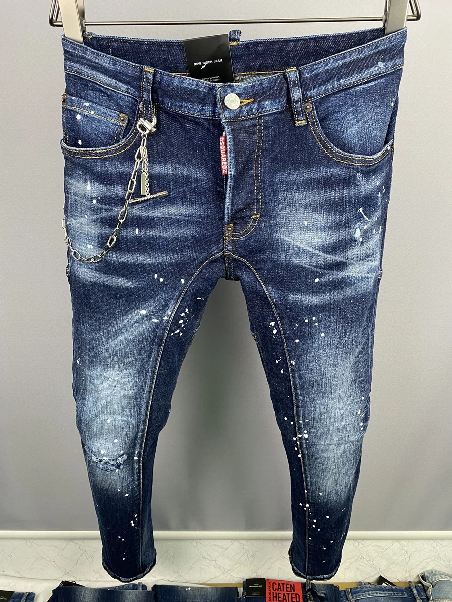 

Chains Men Stretchy Ripped Skinny Biker Embroidery Dsquared2 Print Jean Destroyed Hole Slim Fit Denim High Quality Hip Hop Jeans