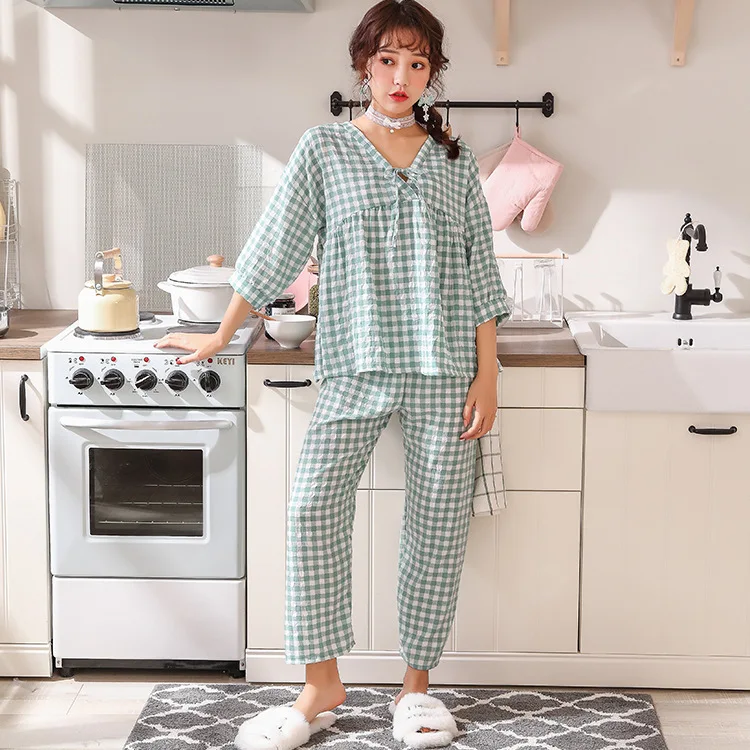 Spring and Autumn New Women's Pajamas Plaid V-neck Casual Simple Homewear Pijamas Women Pajamas for Women Sleep Tops Sleepwear